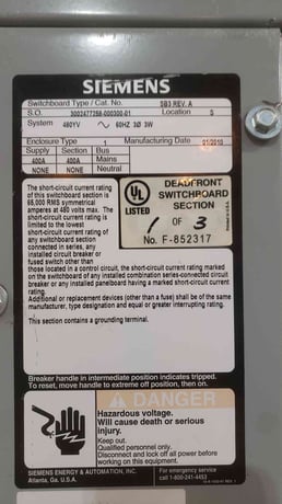 400 Amps, Siemens #SB3, Switchboard, 480 Volts, 3 Phase 3 Wire, 65kA, w/ (7) HEB Breakers - Image 2