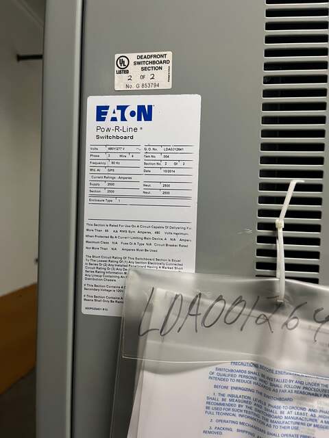2500 Amps, Eaton Pow-R-Line 2-Section Switchboard, 480 Volts, RGH 1600 Amp Breaker #RGH316033E - Image 2