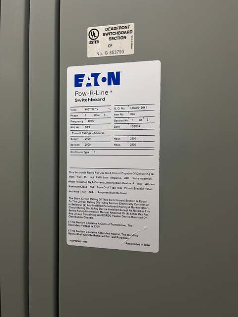 2500 Amps, Eaton Pow-R-Line 2-Section Switchboard, 480 Volts, RGH 1600 Amp Breaker #RGH316033E - Image 3