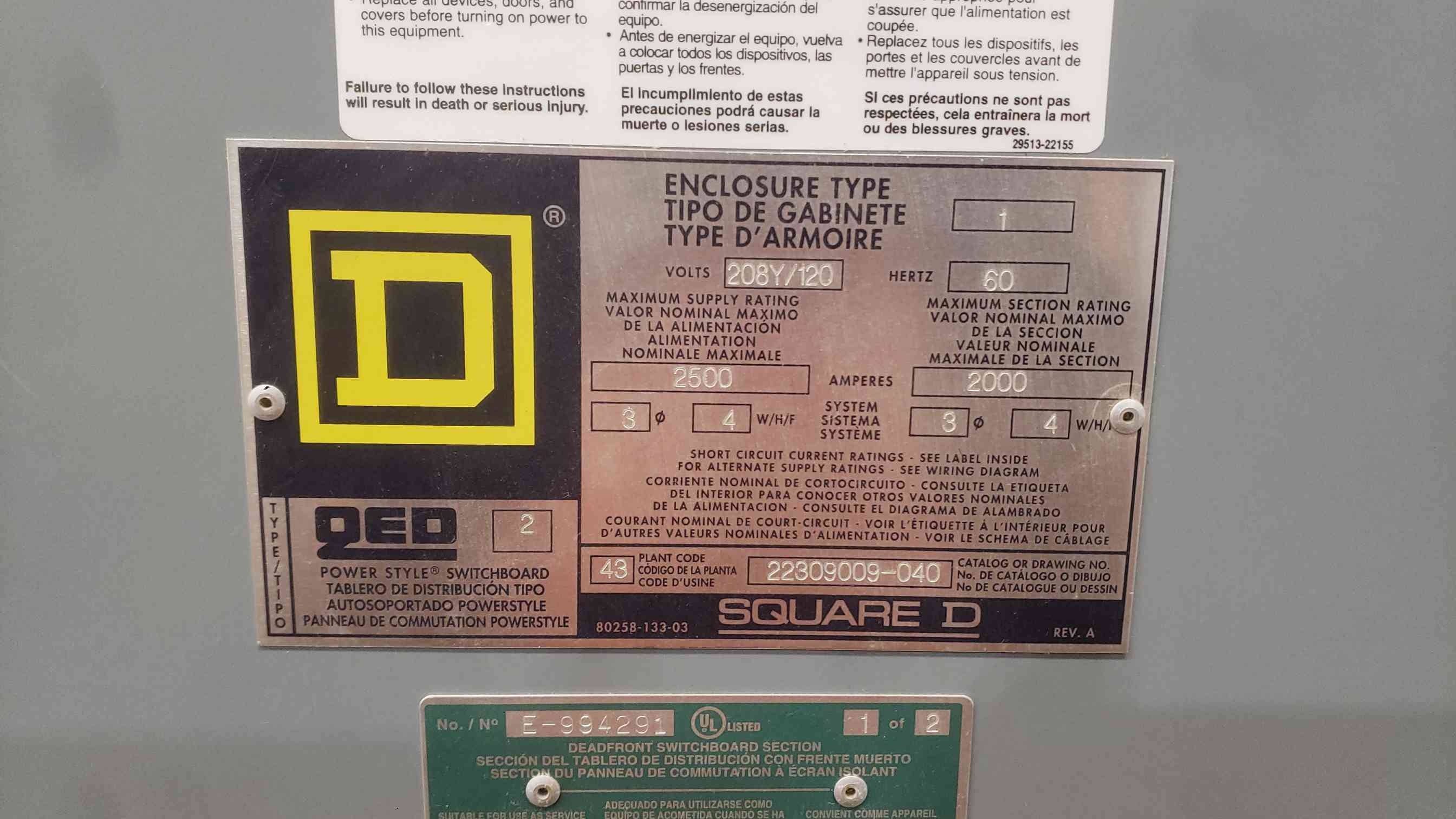 2500 Amps, Square D QED-2, PowerStyle Switchboard, 208Y/120 Volts, 3 Phase 4 Wire, (2) RG1000 Breakers - Image 2