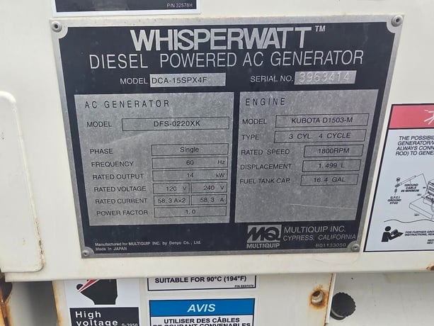 14 KW Multiquip #DCA15SPXU4F, diesel generator set, 120/240 Volts, 1-phase, 1800 RPM, Kubota D1503 engine - Image 3