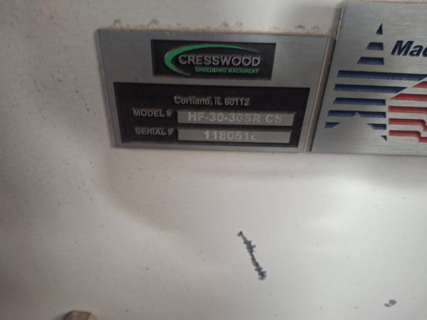 Cresswood #HF30-30SR shredder, 30' x 30", 20 HP, 10" rotor - Image 4