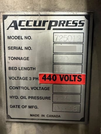 250 Ton, Accurpress #725012, hydraulic press brake, 12' overall, 124" between housing, controller upgrade - Image 5
