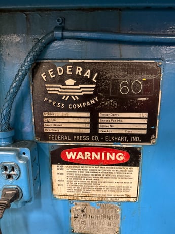60 Ton, Federal #60, gap frame single crank flywheel press, 6" stroke, 15" Shut Height, 2.5" adj., 90 SPM - Image 2