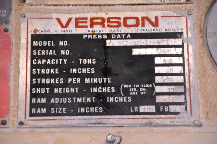 800 Ton, Verson #SE2-800-108-60T, straight side double crank, 16" stroke, 39" Shut Height, 12" adj., 108" - Image 7