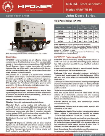 56 KW HiPower #HRJW-75-T6, diesel generator set, 99 hours, John Deere engine, Tier 3, tandem axle trailer - Image 5