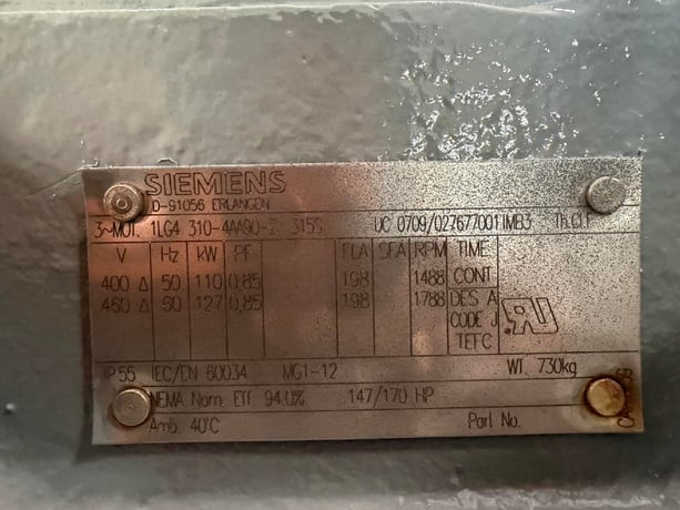 127 KW HP 1788 RPM Siemens, Frame 315S, 3PH 460 Volts 198A 315S TEFC AC Metric Motor - Image 1