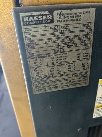 124 cfm, 125 psi, Kaeser #AS-30T, Rotary Screw Air Compressor, 30 HP, 230 psi @ 110°F dryer, 3PH, 2012 - Image 2