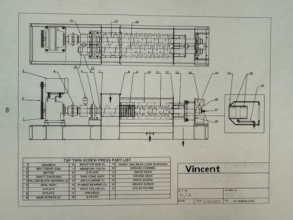 Vincent #TSP-12, Dewatering Screw Press, 64" long twin tapered screws, 20" x 24" feed hopper, 100 HP, 575 Volt - Image 10