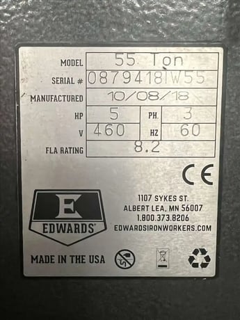 4" x 4" x 1/4" Edwards, heavy duty ironworker, 55 ton, 1.25" stroke, 7" throat, 5 HP, 2018 - Image 10