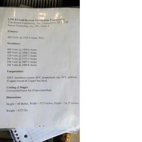 1250 KVA 480x208 Primary, 480 Secondary, Trenco TR-21130, Isolation Transformer - Image 3