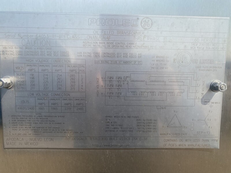 12000/15000 KVA 34500 Primary, 4160 Secondary, General Electric #PROLEC, Oil-Filled Power Transformer - Image 2