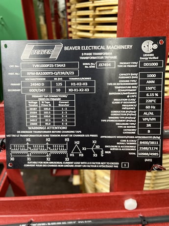 1000 KVA 25,000 Primary, 347/600 Secondary, Beaver #TCR1000P25-T34A3, Dry Type Isolation Transformer, 3PH - Image 1