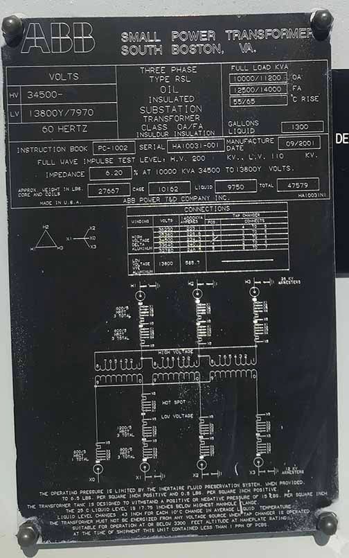 10000/11200/12500/14000 kVA, 34500 Delta Primary, 13800/7970 Wye Secondary, ABB Substation - Image 1