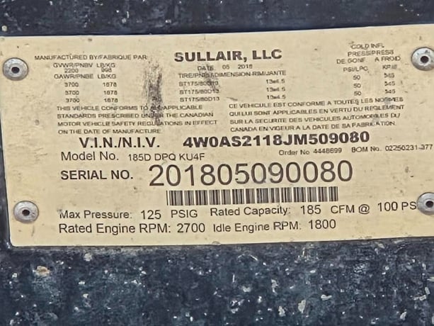 185 cfm, 100 psig, Sullair #185, portable diesel air compressor, Tier 4 Final, 27 gallon fuel tank - Image 6