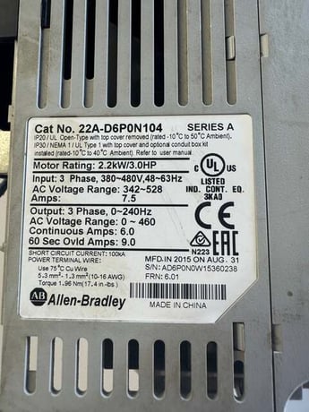 Allen-Bradley Variable Frequency Drive 22A-D6P0N104 480V 3-Phase - Image 2