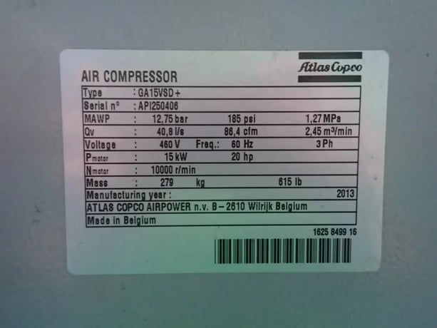 20 HP, Atlas Copco #GA15VSD+, Rotary Screw Air Compressor, 185 PSI, 460 V., 2013 - Image 6