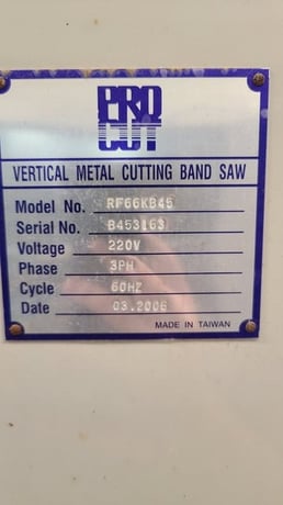 Pro Cut #RF66KB45, Vertical Band Saw, 115-165 high carbon steel SFPM, 130-180 cast iron SFPM, 220 Volts, 3PH - Image 2
