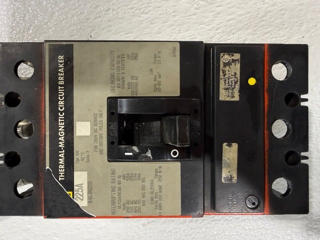 225 Amps, Square D #KAL36225, Molded Case Thermal-Magnetic Circuit Breaker, 3-pole, 240/480/600 VAC, 250 VDC - Image 1