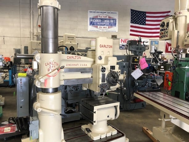 3' -9" Carlton, HD radial arm drill, 57" under spindle, #4MT, 3 HP, power elevation, 26" x 33" tilt box - Image 1