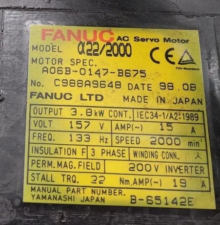 3.8 KW Fanuc #22/2000, AC servo motor, 157 Volts, 133 Hz, 15 A., 2000 RPM, 1998, 91783 - Image 6