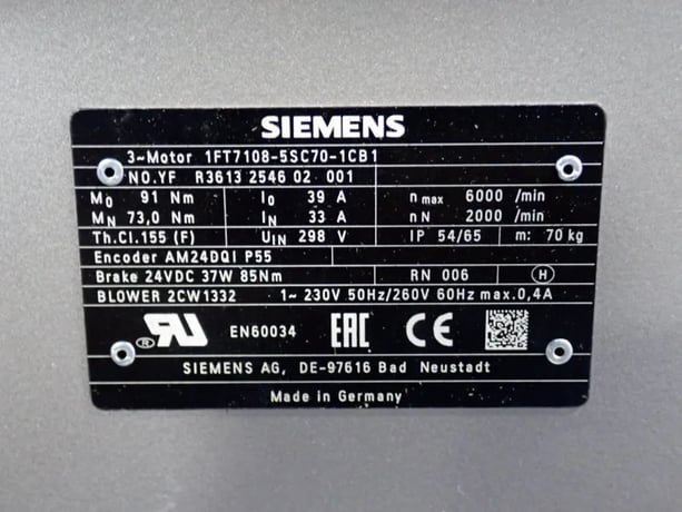 Siemens #1FT7108-5SC70-1CB1, AC Servo Motor, 230 Volts - Image 7