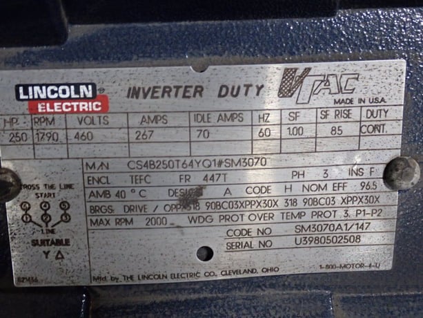 250 HP 1790 RPM Lincoln Electric #CS4B250T64YQ1SM3070, Frame 447T, TEFC, 460 Volts - Image 7