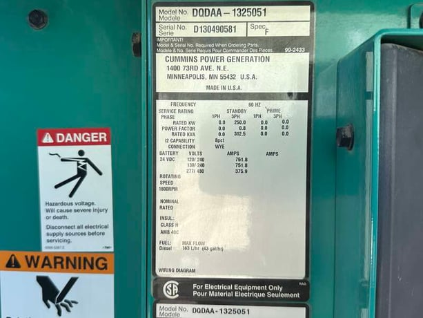 250 KW Cummins #DQDAA, diesel generator set, 277/480 Volts, 85 hours, 464 HP @ 1800 RPM, QSL9-G7 engine, EPA - Image 10