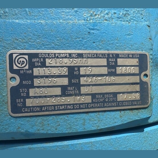 Goulds #3196, Centrifugal Pump, 4" x 6", 13.375" impeller, 1800 RPM, 15 HP, 575 V. - Image 2