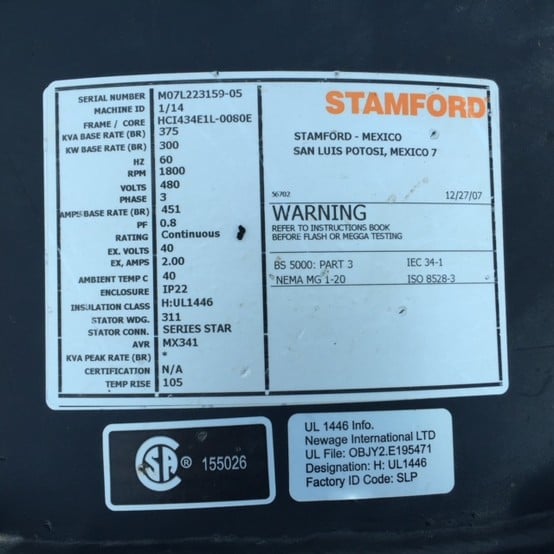 300 KW, 1800 RPM, Stamford, AC Generator End, 480 Volts, 3PH, 2008 - Image 2