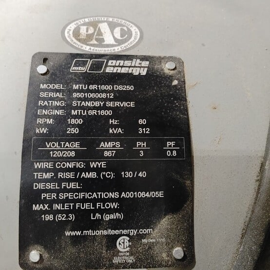 250 KW MTU #DS250, Diesel Generator, 120/208 Volt, 418 HP MTU engine, 1800 RPM, 1000 amp Square D main - Image 7