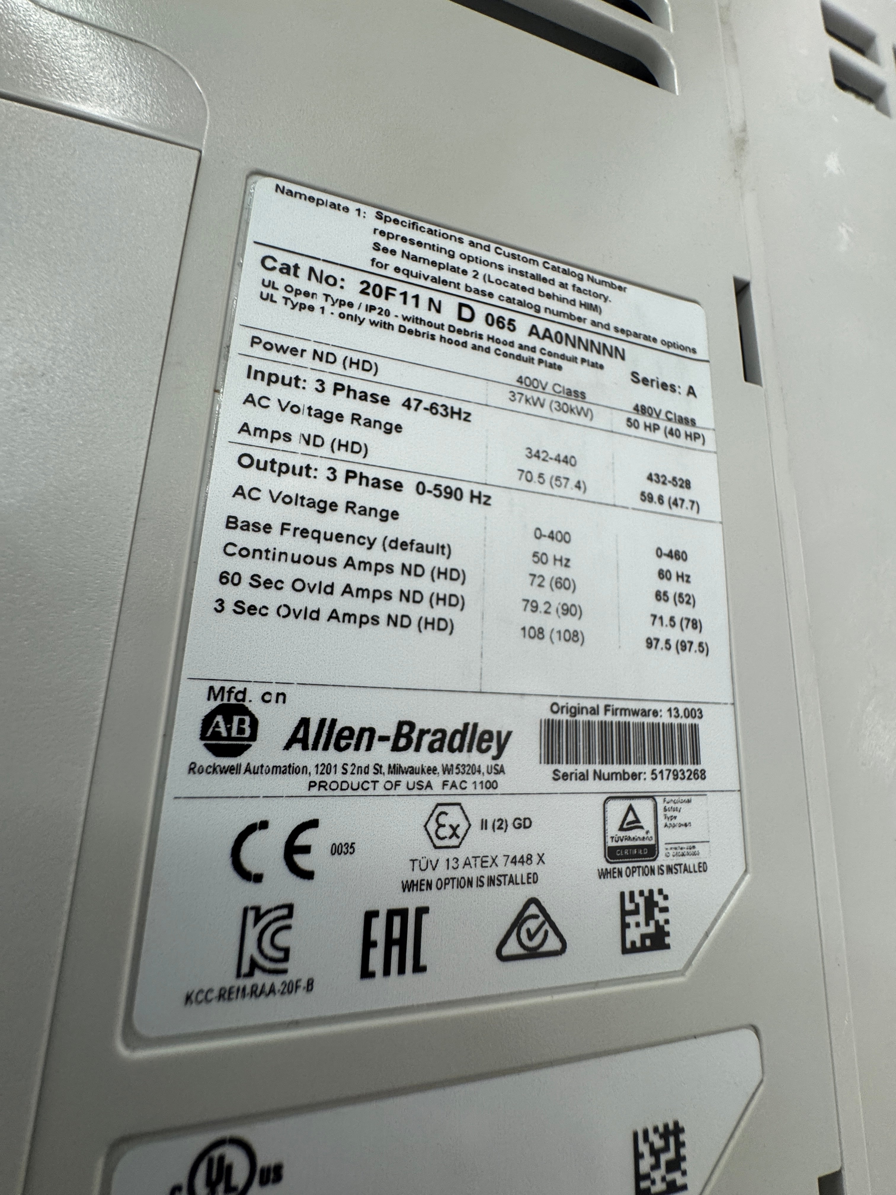 Allen-Bradley Variable Frequency Drive 20F11ND065AA0NNNNN 480V 3-Phase - Image 4