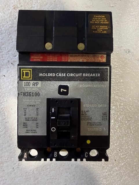 100 Amps, Square D, FH36100, Molded Case Circuit Breaker, 600 VAC, I-Line Plug-In, 3-pole - Image 1