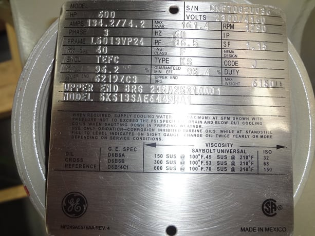 600 HP 1800 RPM General Electric, Frame L5013VP, TEFC, VSS, vertical solid shaft, new, 2300/4160 Volts - Image 1