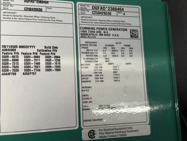 1000 KW Cummins #DQFAD, diesel generator set, 480 Volts, 3-phase, QST30 engine, EPA Tier 2, 2026 - Image 10