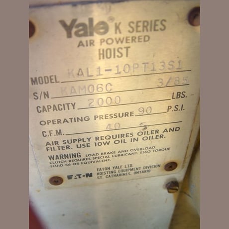 1 Ton, Yale #KAL1-10PT13S1, air power hoist, 10' lift, 6' control line - Image 2