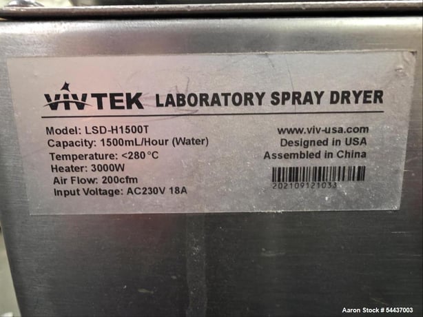 Vivtek #LSD-H1500F/T, spray dryer, lab scale, 1500 ml/hr - Image 3