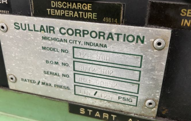 115/125 psi, Sullair #12B-50H, Rotary Screw Air Compressor - Image 2