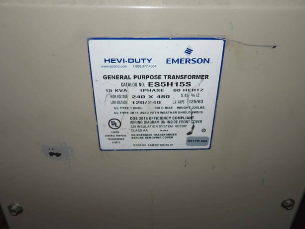 15 KVA 480 Primary, 120/240 Secondary, Emerson ES5H15S, General Purpose Dry Type Transformer, 125/63 amps - Image 2