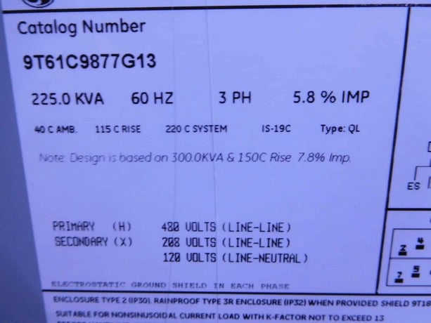 225 KVA 480 Primary, 208Y/120 Secondary, General Electric 9T61C9877G13, Dry Type Distribution Transformer - Image 3