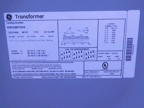 225 KVA 480 Primary, 208Y/120 Secondary, General Electric 9T61C9877G13, Dry Type Distribution Transformer - Image 8