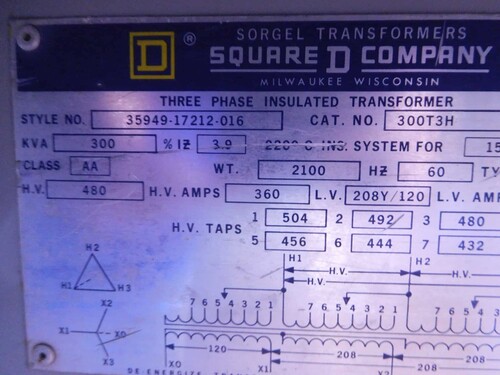 300 KVA 480 Primary, 208Y/120 Secondary, Square D 300T3H, Insulated Transformer, 3PH - Image 5