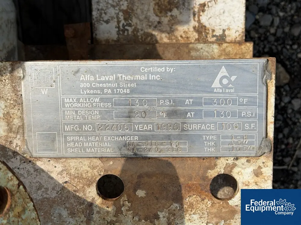 100 sq.ft., Alfa Laval #1-H, Spiral Heat Exchanger, 316 Stainless Steel shell, 130 psi, 1996 - Image 2