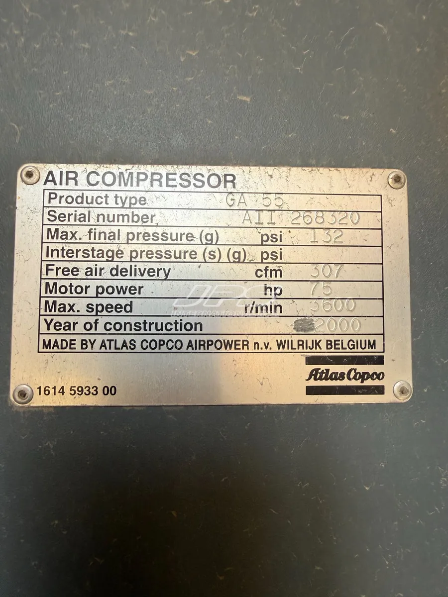 307 cfm, 132 psi, Atlas Copco #GA55, Rotary Screw Air Compressor, 75 HP, 3600 RPM, 37,025 hours, 2000 - Image 3