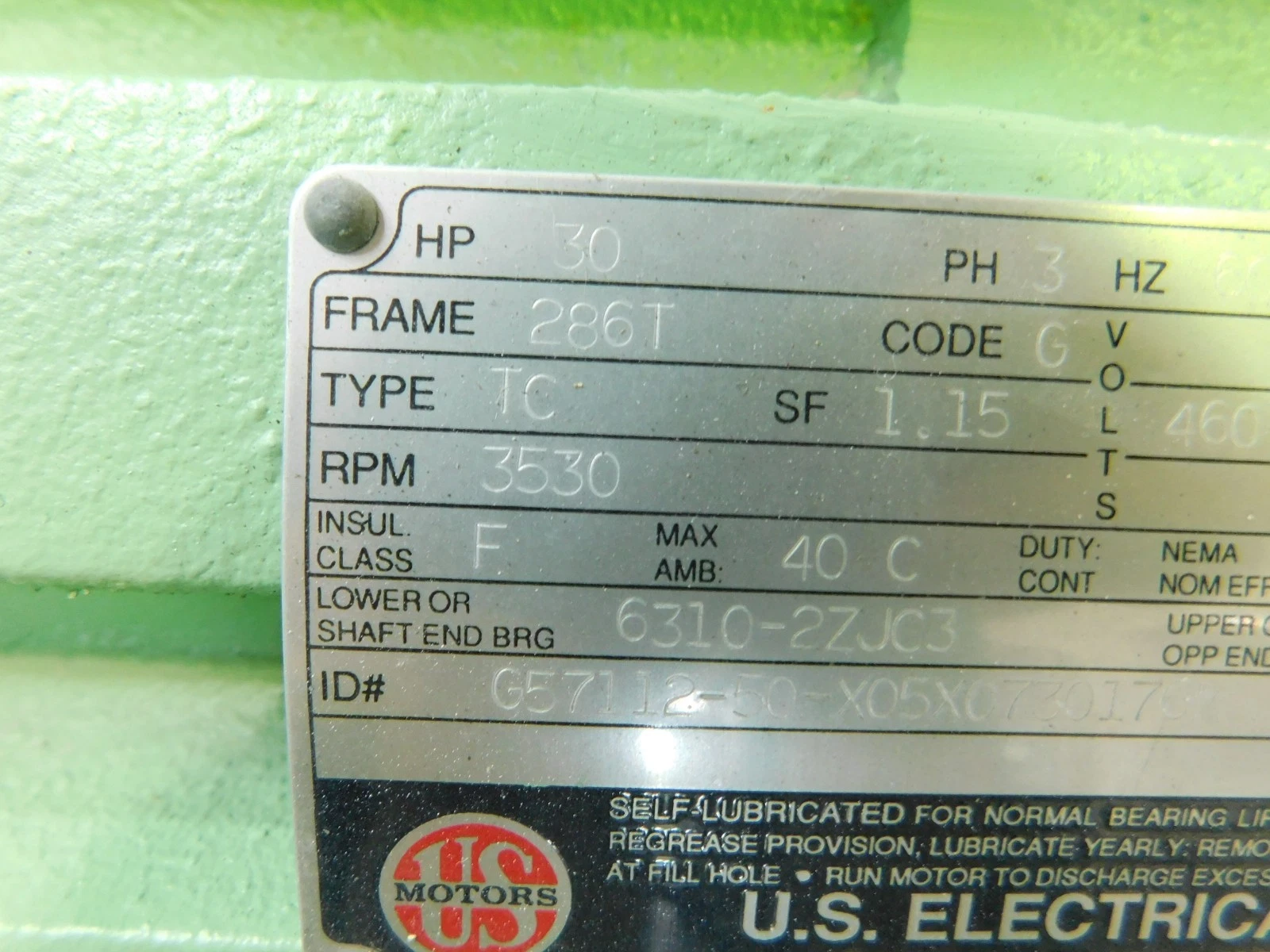 30 HP 3530 RPM U.S. Motors, Frame 286T, TE, Corro-Duty, 1.15 service factor, 460 Volts - Image 2