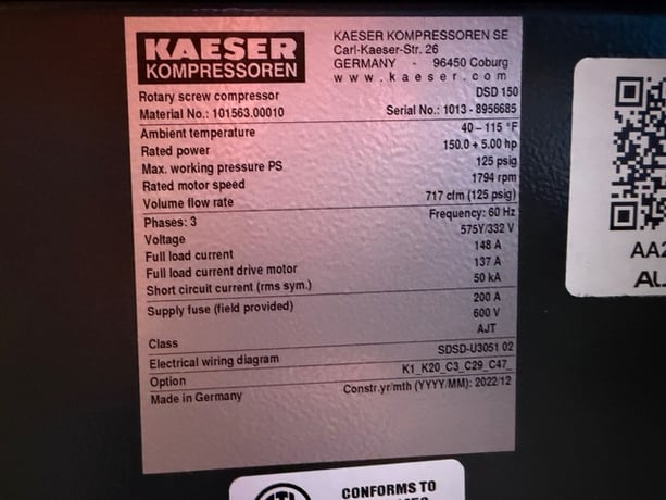 717 cfm, 125 psig, Kaeser #DSD-150, Rotary Screw Air Compressor, 150 HP, 575 V., 2022, 2022 - Image 9