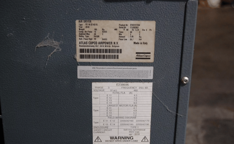 Atlas Copco #FX16, Refrigerated Compressed Air Dryer, R410A refrigerant, 13 bar, 480 V., 3 Ph., 60 Hz., 2018 - Image 6