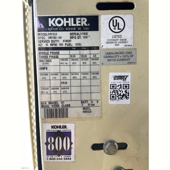 80 KW Kohler #80REOZJD, diesel generator set, standby, John Deere 4045HF285H Tier 2, 840 hours, 2007 - Image 2