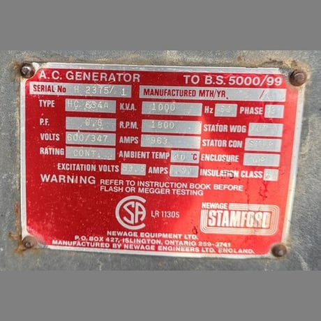 800 KW Stamford #HC 634A, Allis-Chalmers generator end, 1800 RPM, 600/347 Volts, 963 Amps, 60 Hz, 3 phase - Image 2