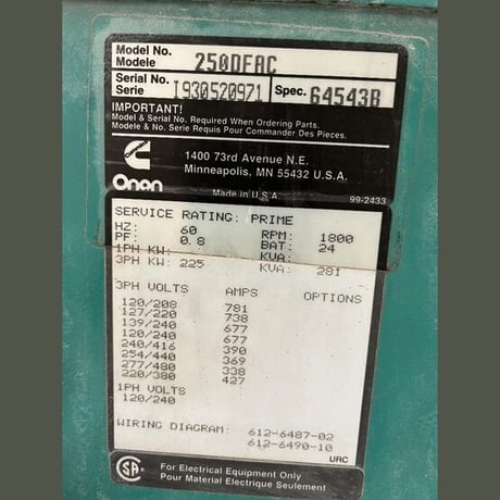 225 KW Cummins Onan #250DFAC, diesel generator set, prime, enclosed/semi-trailer, 1800 RPM, 480 Volts - Image 2